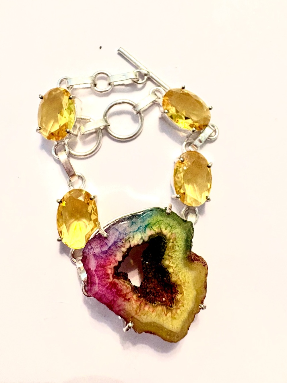 Beautiful, 925 marked, Rainbow Solar Agate and Citrine toggle bracelet size 7–8